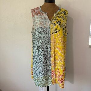 Cabi Golden Glow Split Neck Tunic Blouse Vibrant Floral Print Sleeveless Top XL​